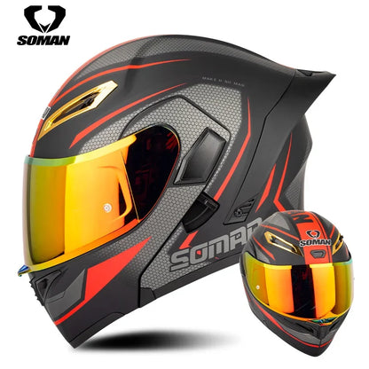 SOMAN Full Face Helmet Dual Lens Flip Up Motorcycle Helmets Casco Accessories Men Women Casque Moto Racing DOT Approved Visor