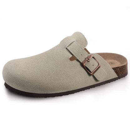 Crestar Women's Suede Clogs Lady Fashion Buckle Leather Mules Comfort Cork Footbed Potato Shoes with Arch Support Beach Sandal
