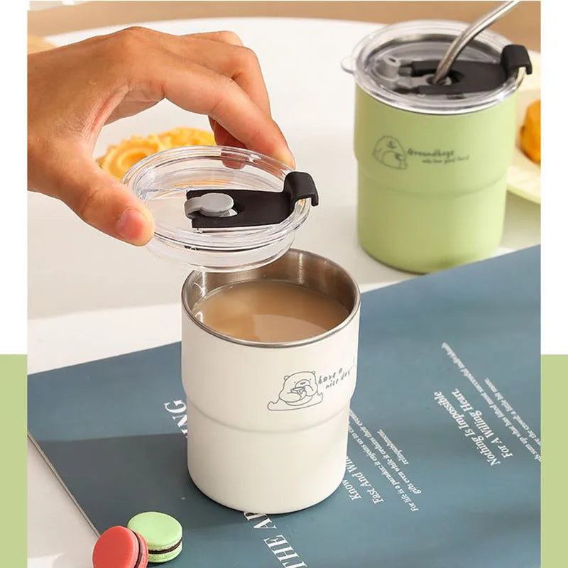 300ml Drinking Cup With Straw Portable Stainless Steel Coffee Cups Mug With Lid Heat Resistant Tea Cup Tumbler Travel Mug