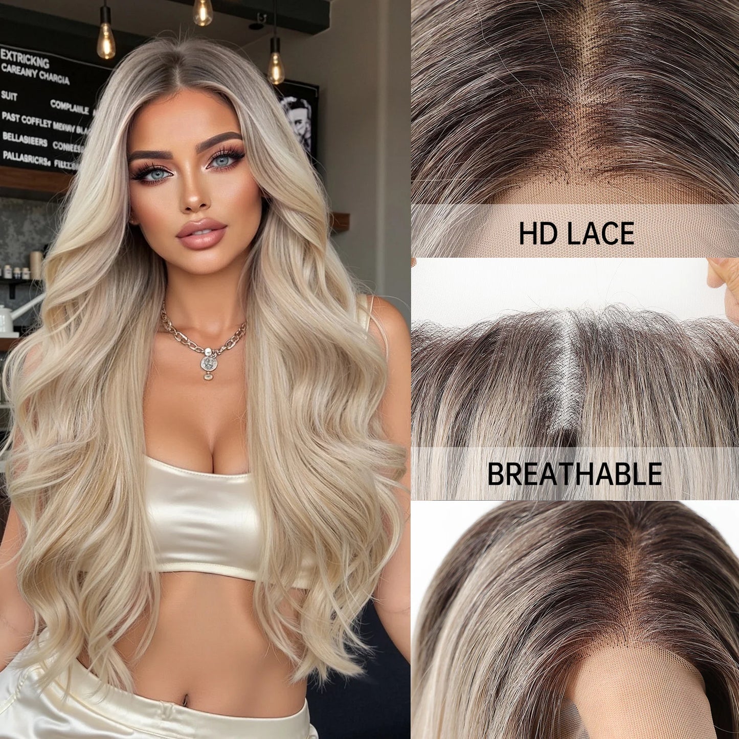 EASIHAIR Long Wavy HD Lace Front Synthetic Wigs for Women Natural Wave Blonde Wigs With Dark Roots 13*6 Lace Wigs Heat Resistant
