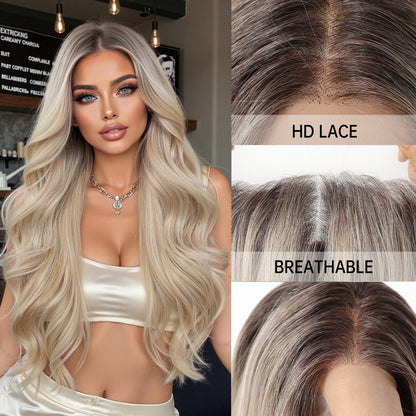 EASIHAIR Long Wavy HD Lace Front Synthetic Wigs for Women Natural Wave Blonde Wigs With Dark Roots 13*6 Lace Wigs Heat Resistant