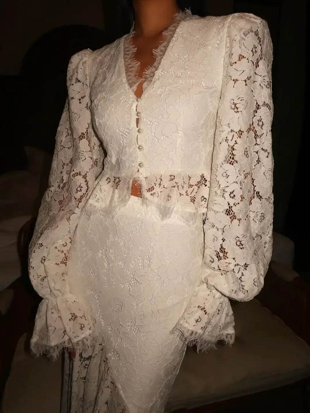White Lace Patchwork Long Skirt Set Women Chic Full Flared Sleeves V-neck Slim Cropped Sets 2026 Lady Spring Evening Party Wear