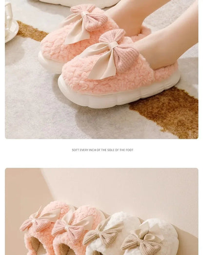 Thick Soled Non Slip Home Plush Slippers 2025 New Cotton Slippers for Women Bow Slippers for Autumn and Winter Warm for Women