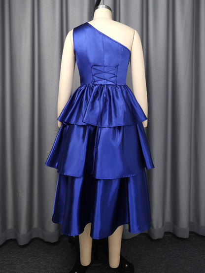 Women Elegant Shiny One Shoulder Ruffle Layered Christmas Party Dresses Date Out Birthday Wedding Guest Event Occasion Gowns New