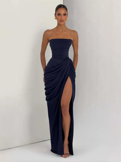 Elegant Yellow Strapless Pleated Dress Women Chic Sleeveless Waist Cinching Split Maxi Gowns 2026 Summer Lady Evening Party Robe