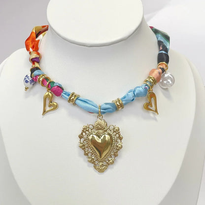 Women’s Fashion Scarf Necklace with Large Stainless Steel Heart Pendant Stackable Bandana Jewelry