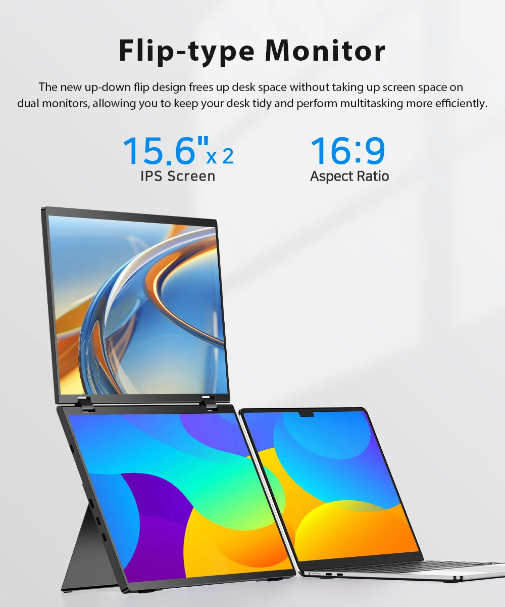 UPERFECT Laptop Screen Extender 15.6' FHD 1080P 360° Foldable Dual Monitors 100% SRGB HDMI USB-C Stacked Triple Portable Monitor