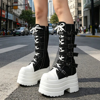 2026 Winter Punk Women Platform Knee High Boots Canvas Patchwork Lace-up Multi Metal Buckle Straps Chunky Heel Motorcycle Boots