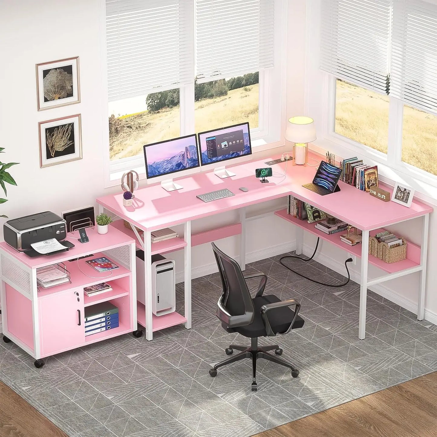 Reversible L-Shaped Desk with Power Outlets & USB Ports, Sturdy Corner Computer Desk with Storage Shelves, Easy Assembly Pink