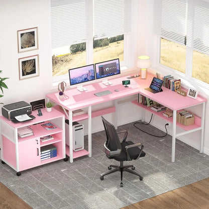 Reversible L-Shaped Desk with Power Outlets & USB Ports, Sturdy Corner Computer Desk with Storage Shelves, Easy Assembly Pink