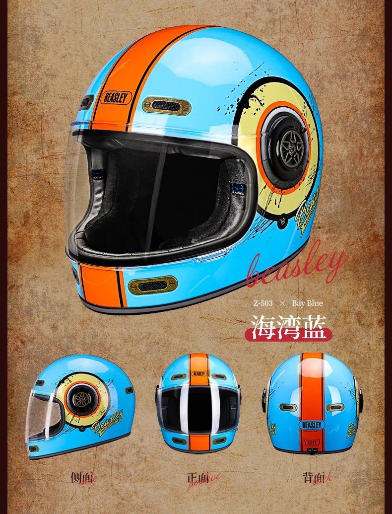 BEASLEY Retro Helmet Men's Women's Cruise Motorcycle Fiberglass Full Helmet Carbon Fiber Motorcycle Helmet DOT Certification