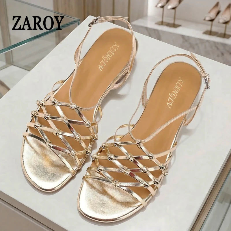 ZAROY Luxury Gold Gladiator Flat Sandals Woman Summer Narrow Band Open Toe Roman Shoes Casual Strap Sandalia Zapatos босон