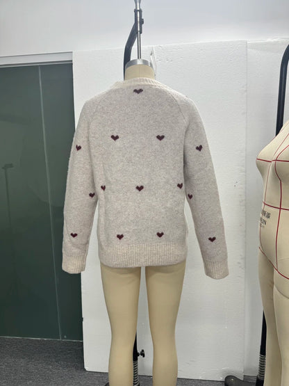 New Autumn Winter Comfortable Heart Pattern Sweater Long Sleeve Pullover Round Neck Top Sweater Warm Versatile Women's Clothing