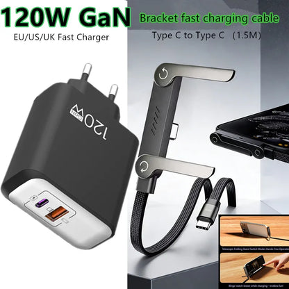 120W PD Fast Charger Type C Quick Charge USB C Wall Charger Adapter For iPhone 17 16 15 Samsung Xiaomi OPPO 2-in-1 Data Cable﻿﻿