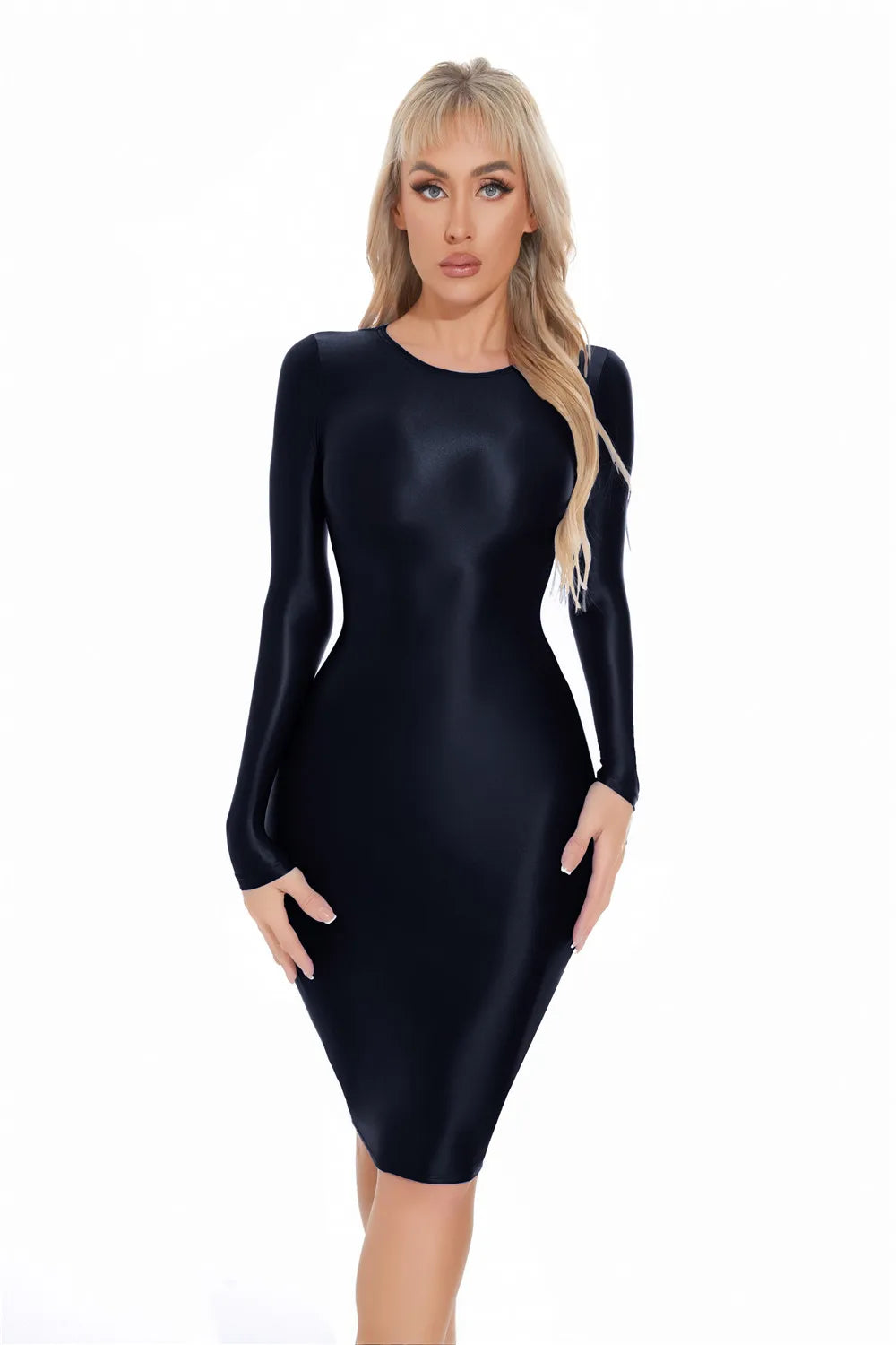 Sexy Women Oil Glossy Shiny Tight Pencil Dress Stain Smooth Bodycon Dress Elastic Push Up Packet Hip Stretch Step Dress