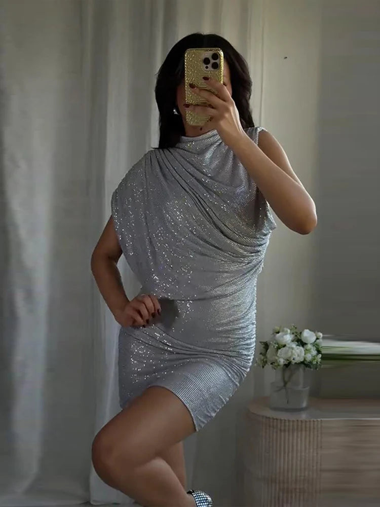 Chic Sequin V-neck Dress Women Sexy Sleeveless Pleated Waist-cinched Empire Dresses Elegant Party Spring New Lady Gown 2026