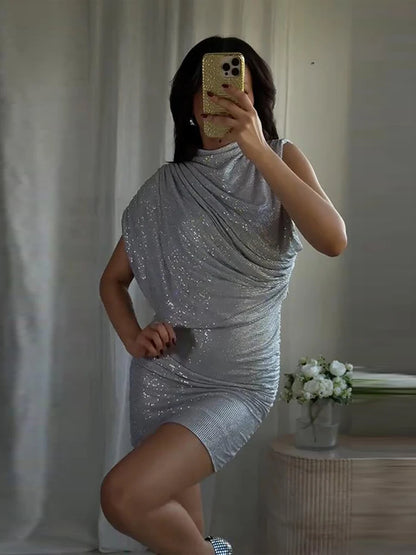 Chic Sequin V-neck Dress Women Sexy Sleeveless Pleated Waist-cinched Empire Dresses Elegant Party Spring New Lady Gown 2026