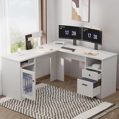 L Shaped Desk with File Cabinet, Corner Computer Desk with Storage Drawers, Large Home Office Table with Power, Customized