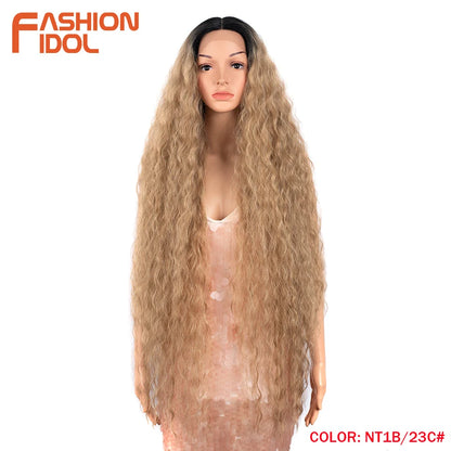 FASHION IDOL 42" Loose Wave Lace Front Wig Hair Synthetic Wigs For Women Ombre Blonde Water Wavy Long Curly Hair Wig Cosplay