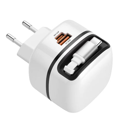 HAPPORIA 65W USB C Fast Charger Retractable Cable 3 Port Travel Adapter Foldable Plug PD Charger for iPhone 15 16 17 Samsung