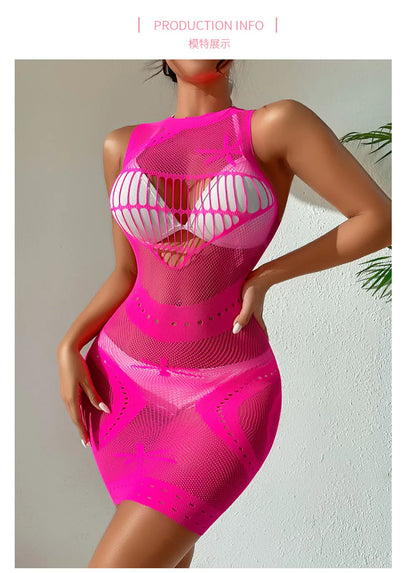 Sexy Women Fishnet Halter Backless Dress Low Cut Tight Pencil Cute Dress Plus Size Mini Dress Night Club Dance Dress Beatchwear