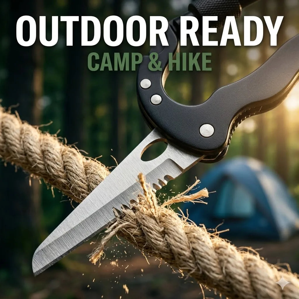 7-in-1 Multifunctional Carabiner EDC Survival Gear with Knife Bottle Opener Fire Starter Screwdriver for Camping Hiking