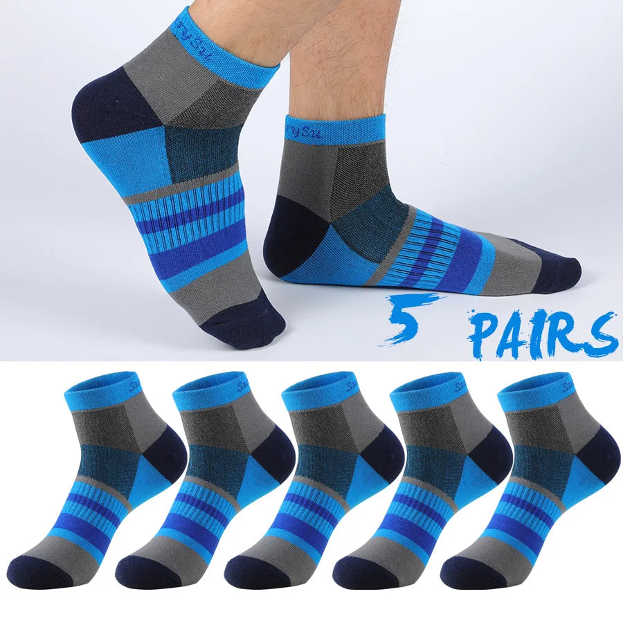 5 Pairs/Lot Running Socks Men Ankle Colorful Stripes Combed Cotton Outdoor Gym Compression Short Male Socks 5 Colors New 2025