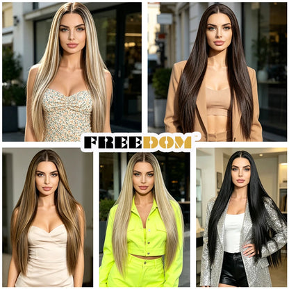 FREEDOM 13X4 Pre Plucked Synthetic Lace Front Wigs For Black Women Natural Hairline Straight 30 Inch Ombre Brown Wig Daily Use