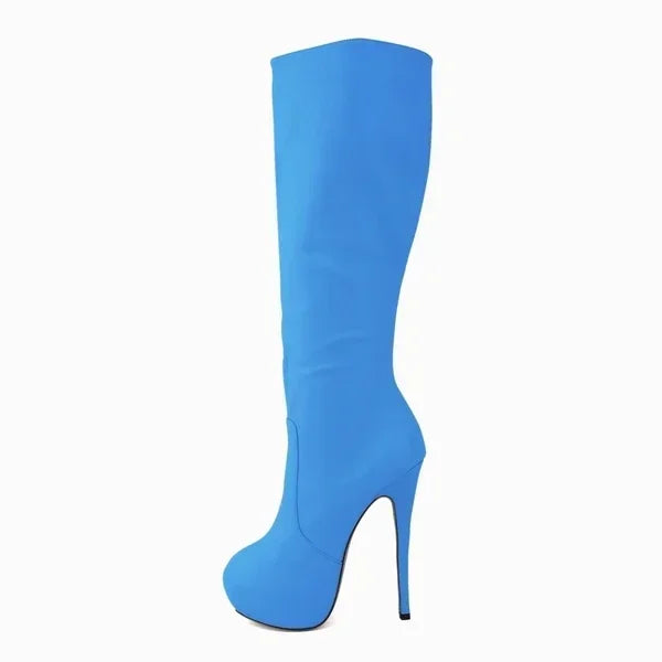New Large Size Women Boots Autumn Winter Sexy 14cm Super High Heels Long Over Knee Long Boots Leather Round Toe Red Pumps Shoes