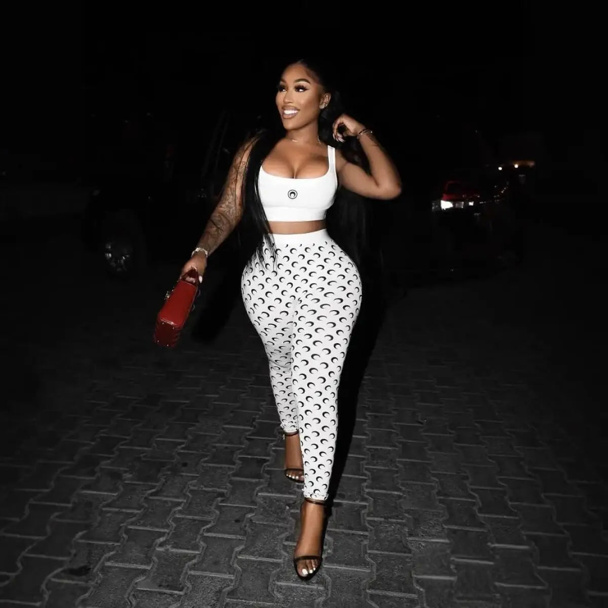 Sexy Women Two Piece Set Slim Fit Vest Pants Y2K Fashion High Street Retro Crescent Print Matching Outfit
