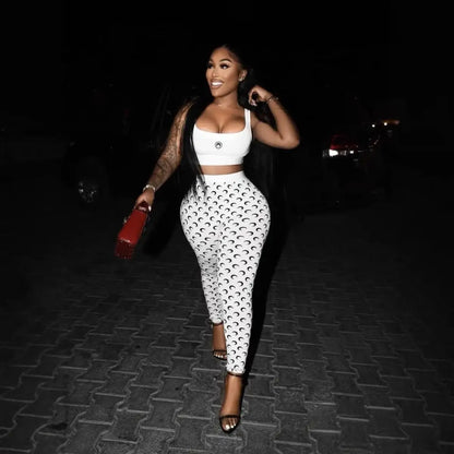 Sexy Women Two Piece Set Slim Fit Vest Pants Y2K Fashion High Street Retro Crescent Print Matching Outfit