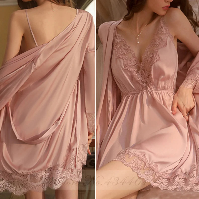 Burgundy 2PCS Robe Set Nightgown Sexy Lace Kimono Bathrobe Gown Nightdress Sleepwear Summer Satin Loose Home Wear Loungewear