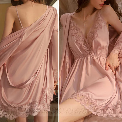 Burgundy 2PCS Robe Set Nightgown Sexy Lace Kimono Bathrobe Gown Nightdress Sleepwear Summer Satin Loose Home Wear Loungewear