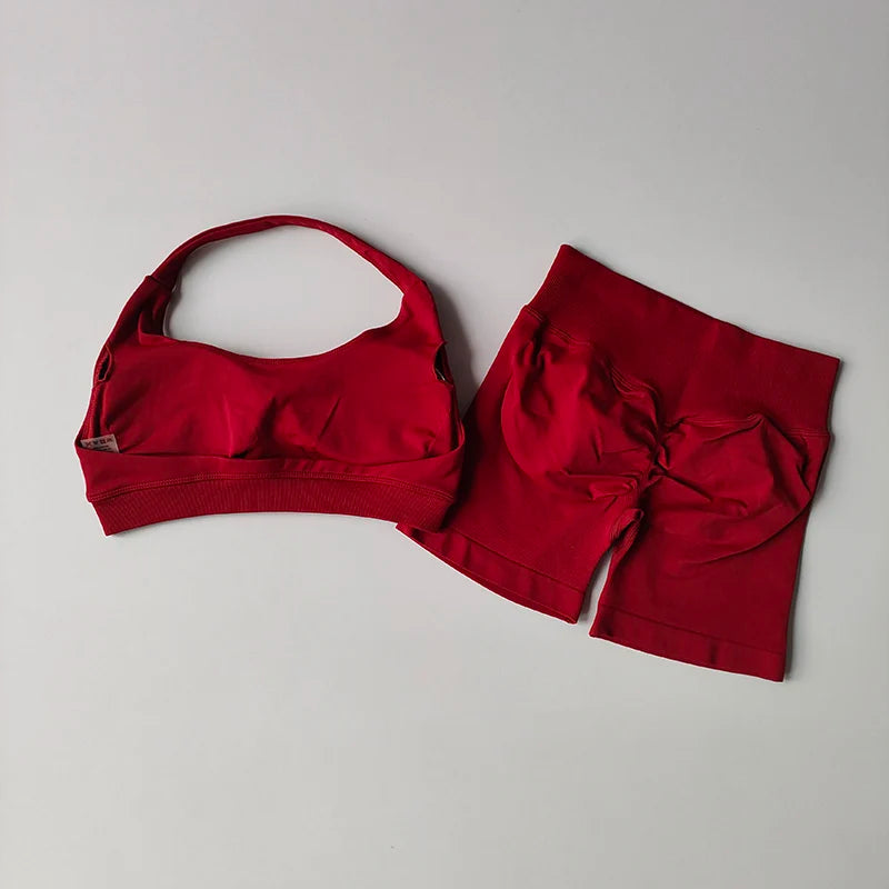 2 Pieces Yoga Suit for Women Seamless Fitness Gym Clothes Halter Sports Bra Matching Impact Shorts Workout Sets Gym Outfit