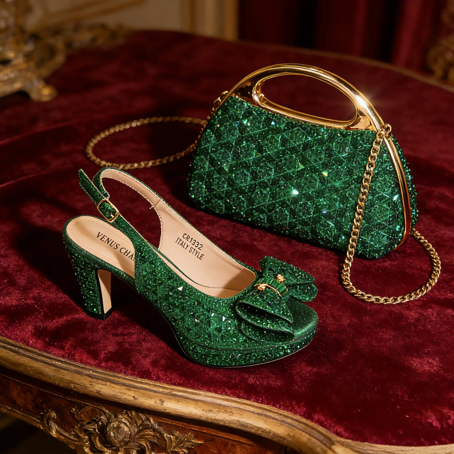 Venus Chan 2026 Women’s Italian Gold High Heels with Rhinestone Detail & Matching Bag Set - Stylish Pointed Toe Design