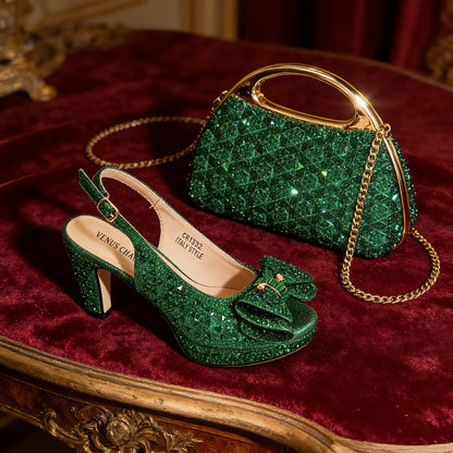 Venus Chan 2026 Women’s Italian Gold High Heels with Rhinestone Detail & Matching Bag Set - Stylish Pointed Toe Design