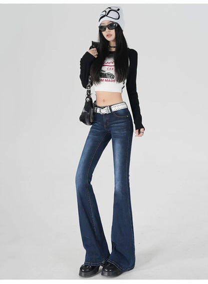 Stretch Flared Jeans Low Rised Pocket Denim Pants Women Y2K Casual Full-length Dark Blue Jeans Vintage 90S Jeans Female Trousers