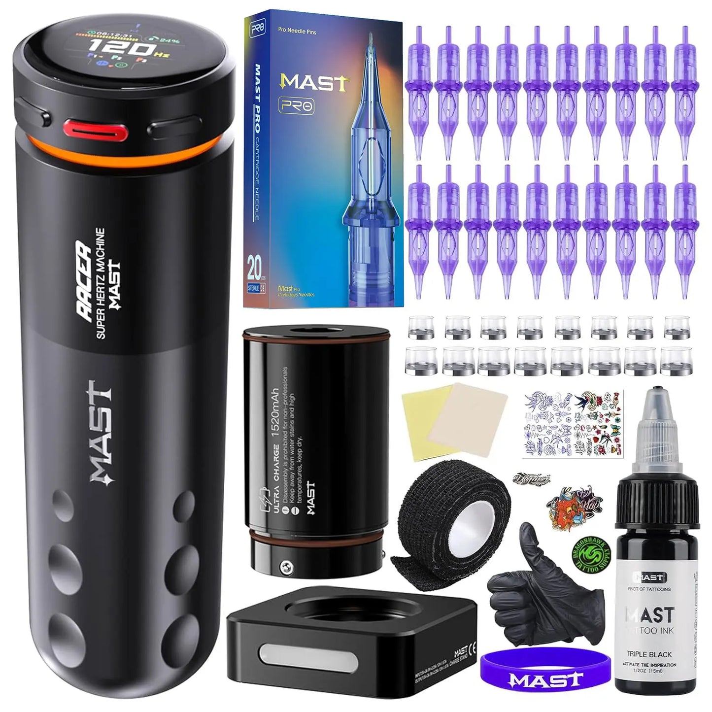 Mast Racer Pro Tattoo Machine Kit Full Set 4.2mm Stroke Wireless Battery Adjustable Power Modes(Soft/Medium/Hard) High Precision