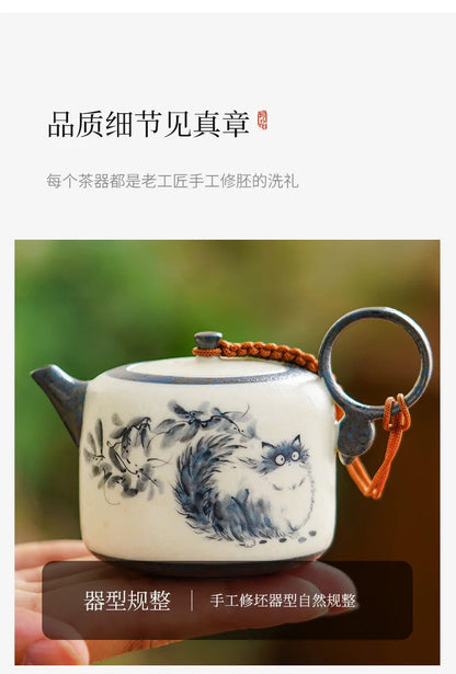 102ml Hand Painted Cat Teapot Ancient Tea Infuser Pot Household Tea Maker Kettle With Filter Dahongpao Drinkware Supplies Craft