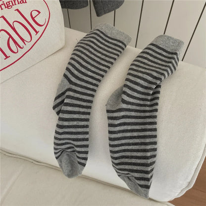 Korean Simple Colored Striped Cotton Socks Women’s Autumn Winter Breathable Middle Tube Socks College Style Trendy Casual Socks