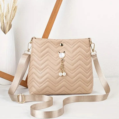 Women's Quilted Crossbody Bag with Cat Pearl Pendant - Elegant Shoulder Purse for Holiday gifts, 2025 Stylish Novelty Handbag