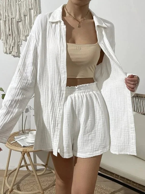 100% Cotton Gauze Muslin Sets For Women 2 Pieces Long Sleeve Shirts And Loose High Waist Mini Shorts Sets Ensemble Femme