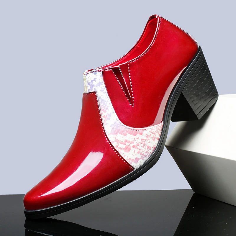Black Pu Leather Business Dress High Heel Men's Shoes Pointed Toe Slip-on Elegant Party Wedding Shoes Thick Bottom Plus Size