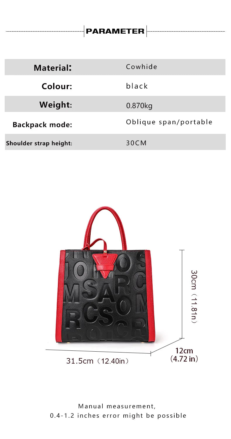 Genuine leather letter printed women's handbag new large capacity contrasting leather crossbody bag