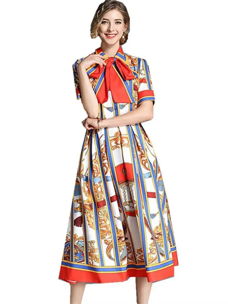 Women's Orange Striped Short Sleeves Vintage Belt Bow Tie Collar Shirt Dress Summer Runway Chain Printing Casual Midi Vestidos