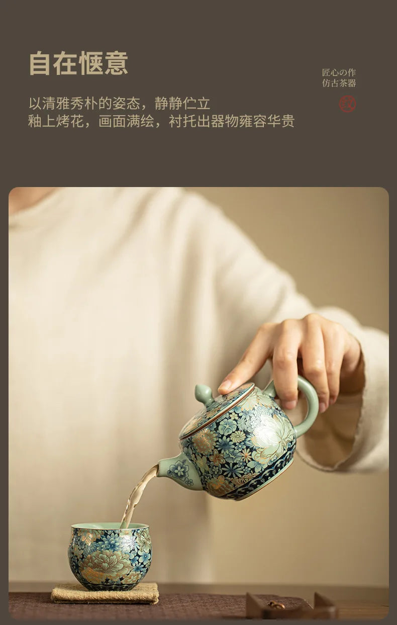 Ru Kiln Ceramic Teapot Gilded Peony Western Han Tile Pot Kung Fu Tea Set Household Tea Pot
