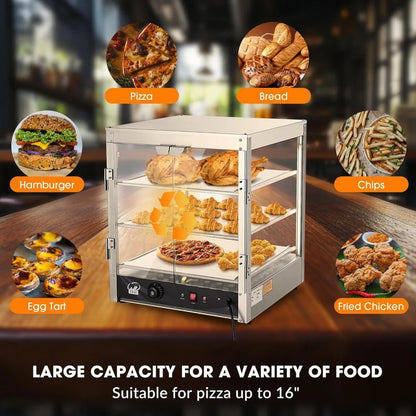 20" Commercial Countertop Food 3-Tier Pizza Warmer with LED Adjustable Lighting Food Heater Display Case Stainless Steel for Fo