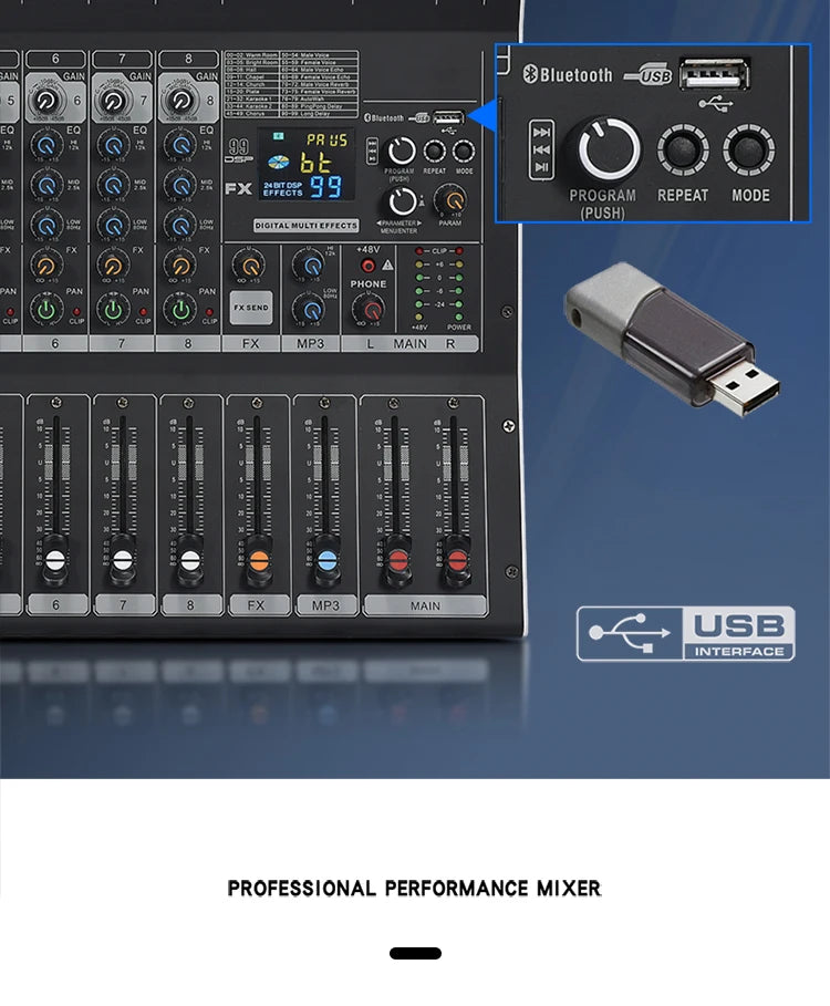 8/12 Channel Digital Mixer Audio Console 100 DSP Effects Bluetooth USB MP3 DJ Reverberation Sound Mixing Console