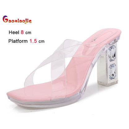 2025 Red High Heels 8cm Women Shoes Rhinestone Thick Heels Square Toe Ladies Pumps Cross Tie Straps Slippers Sandals Party Shoes