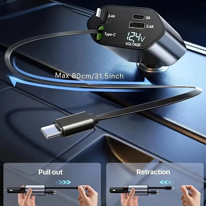 4 in 1 120W Car Charger Retractable Car Cigarette Lighter Adapter USB Type C Fast Charger Cable for IPhone Xiaomi POCO Samsung